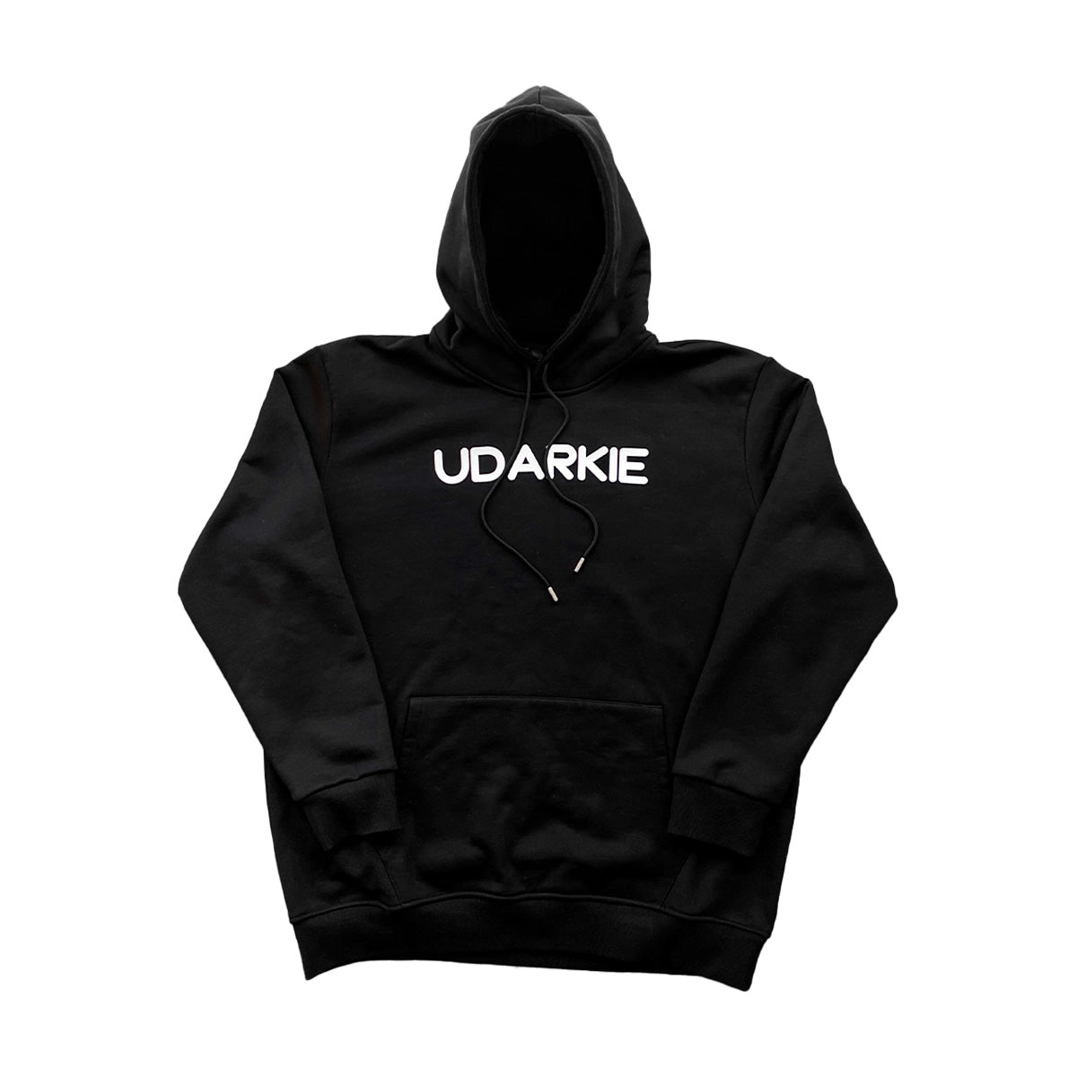 Black udarkie classic hoodie with white silicone "UDARKIE" logo on the chest