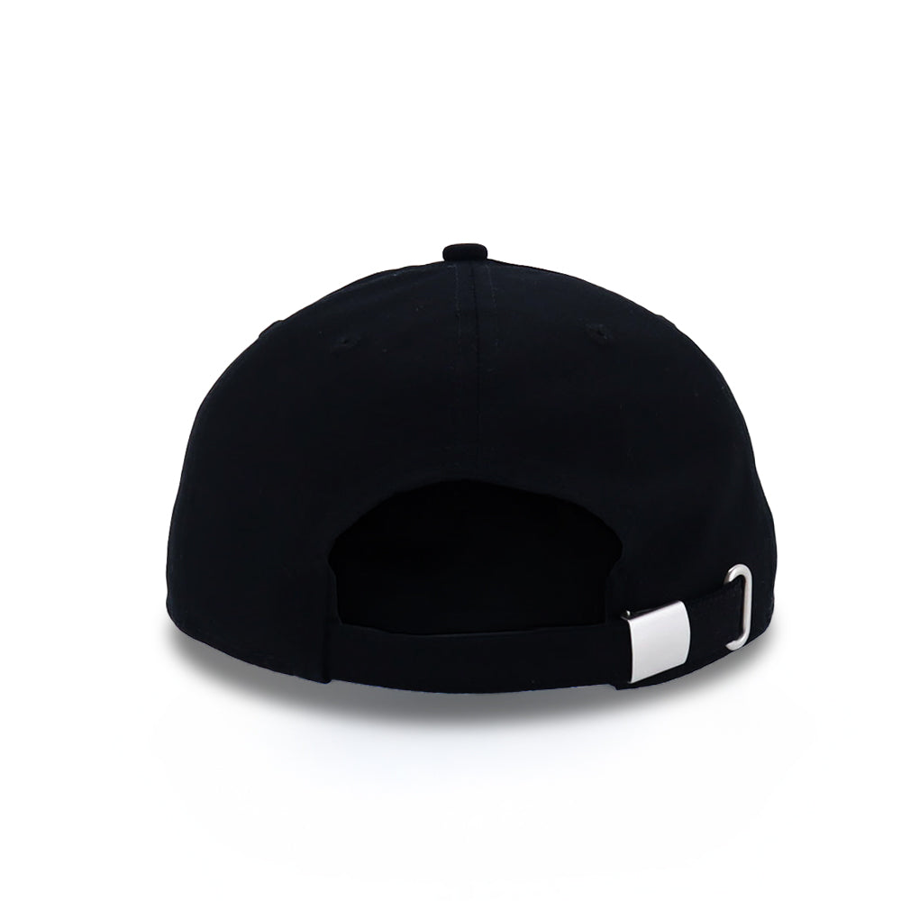 Back view of a black cap featuring an adjustable strap with a metal buckle