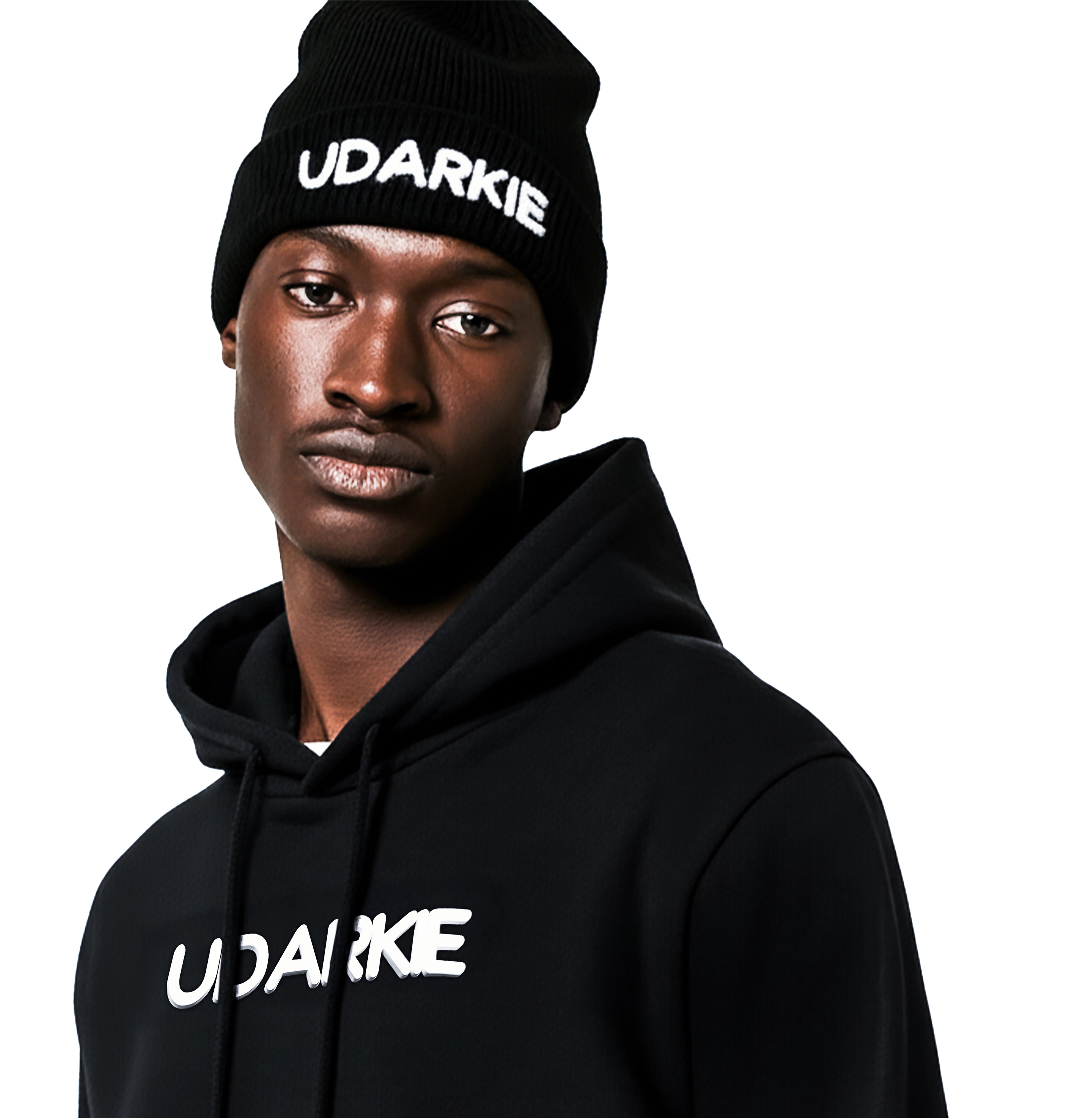 Black beanie embroided udarkie in white