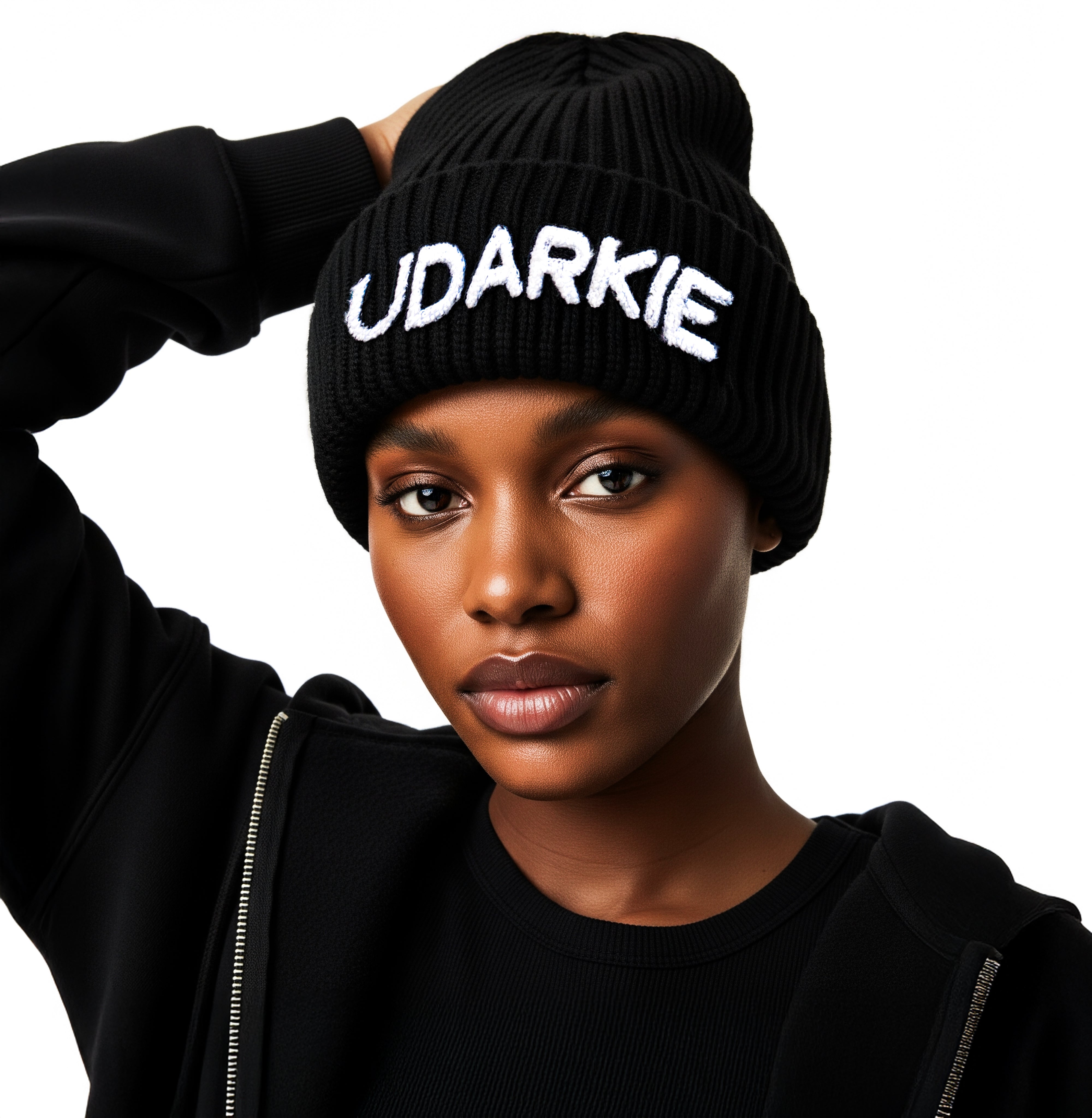 Black beanie embroided udarkie in white