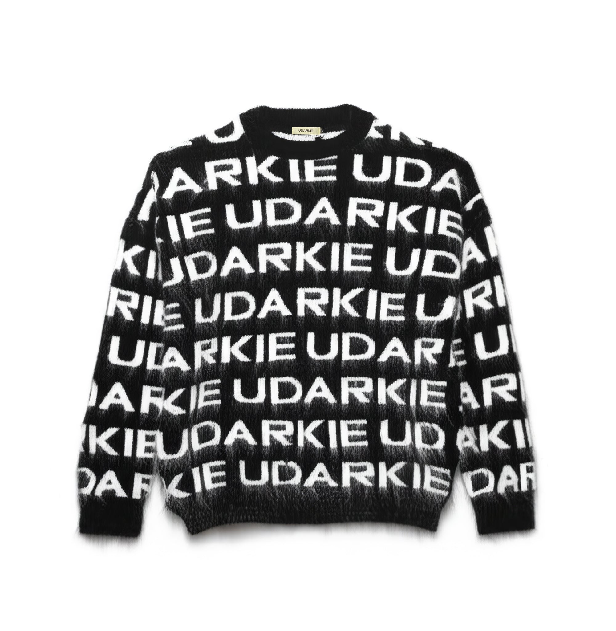 Black mohair sweater with bold white UDARKIE logo pattern print