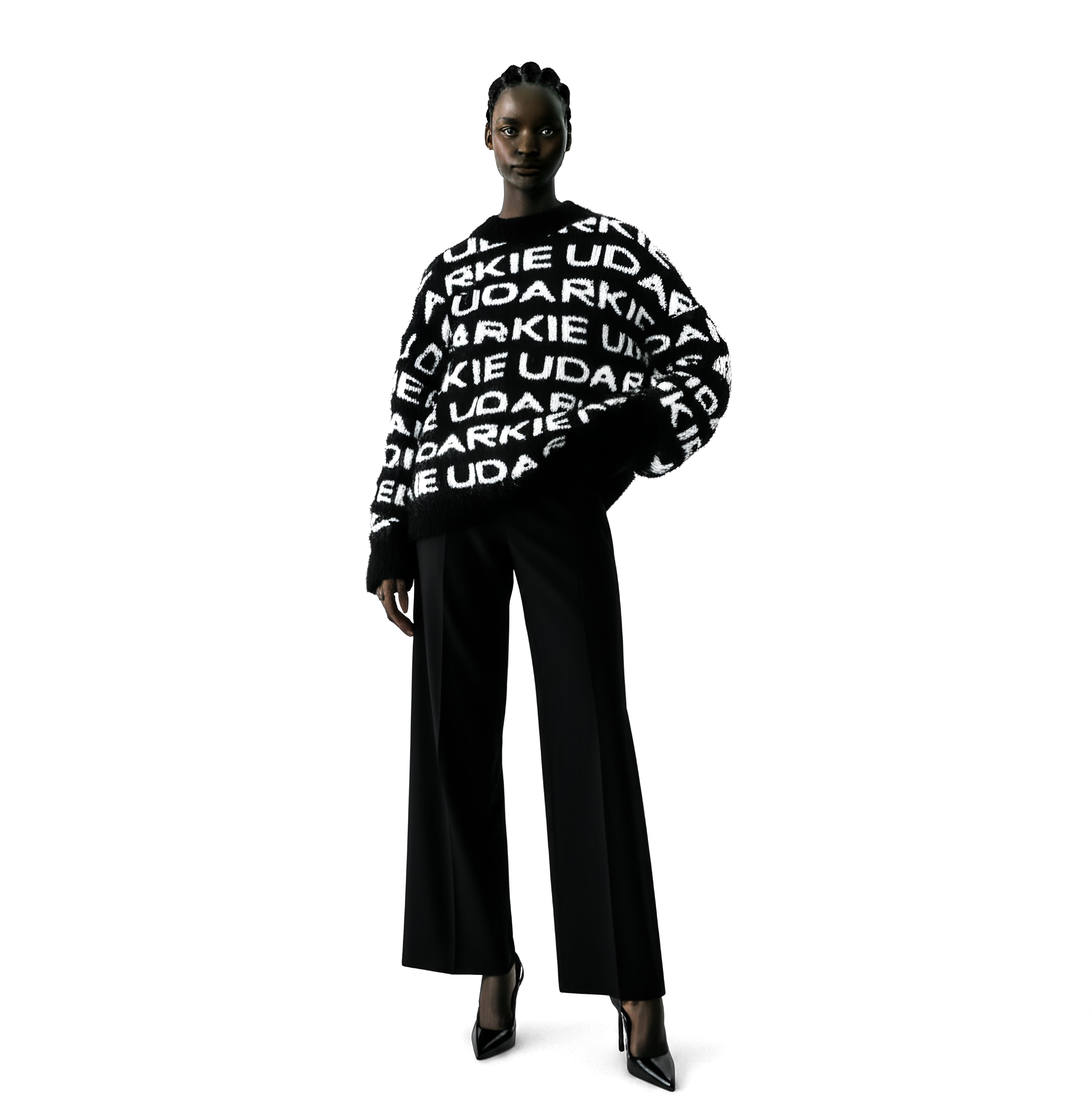Black mohair sweater with bold white UDARKIE logo prints