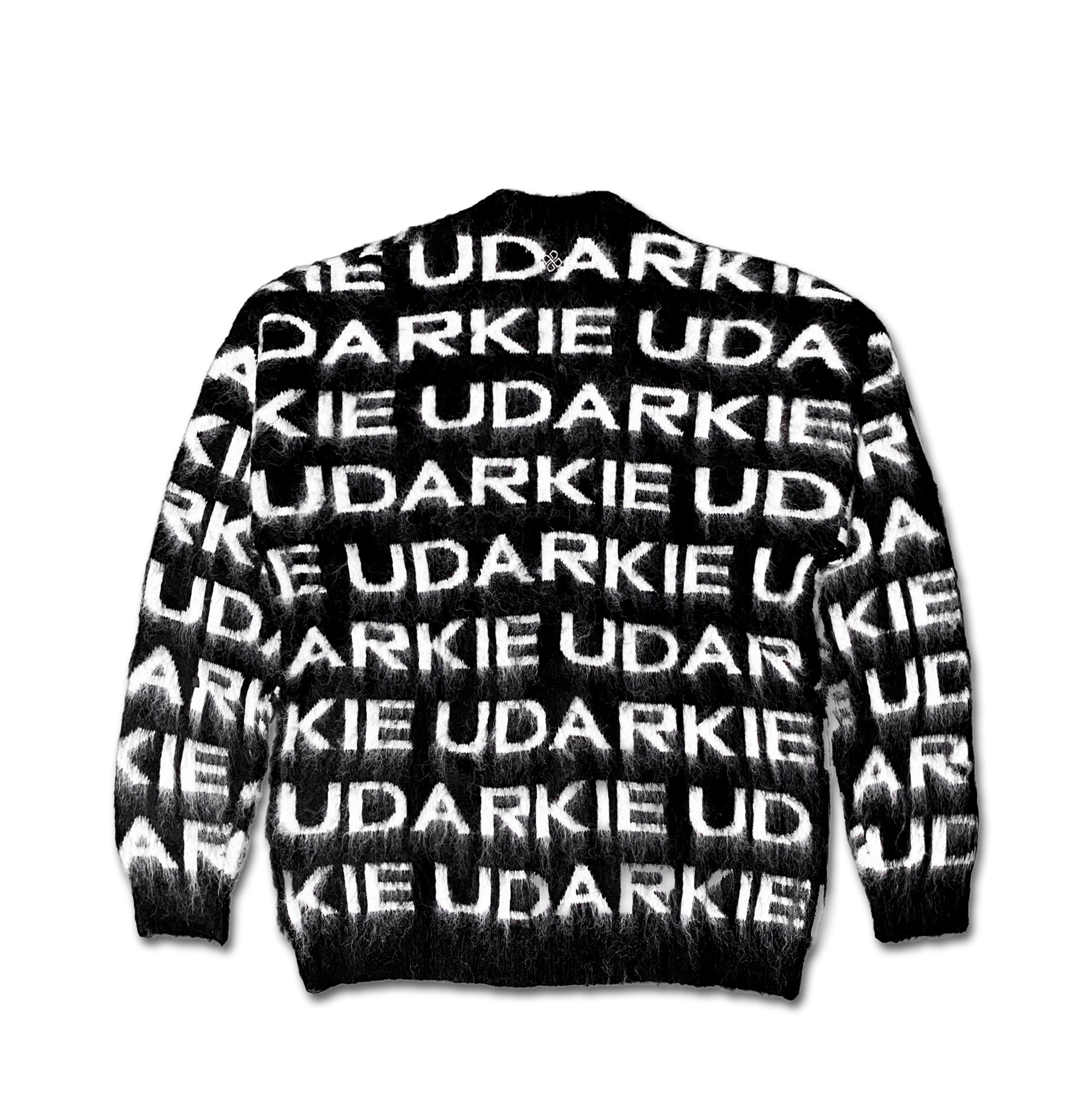 Black mohair sweater with bold white UDARKIE logo prints
