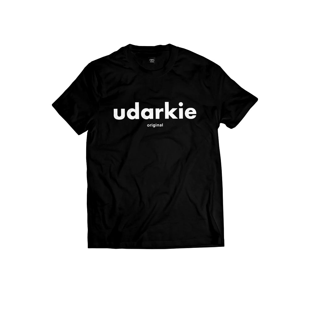 Black T-shirt featuring large white "udarkie" text across the chest with smaller "original" text underneath.