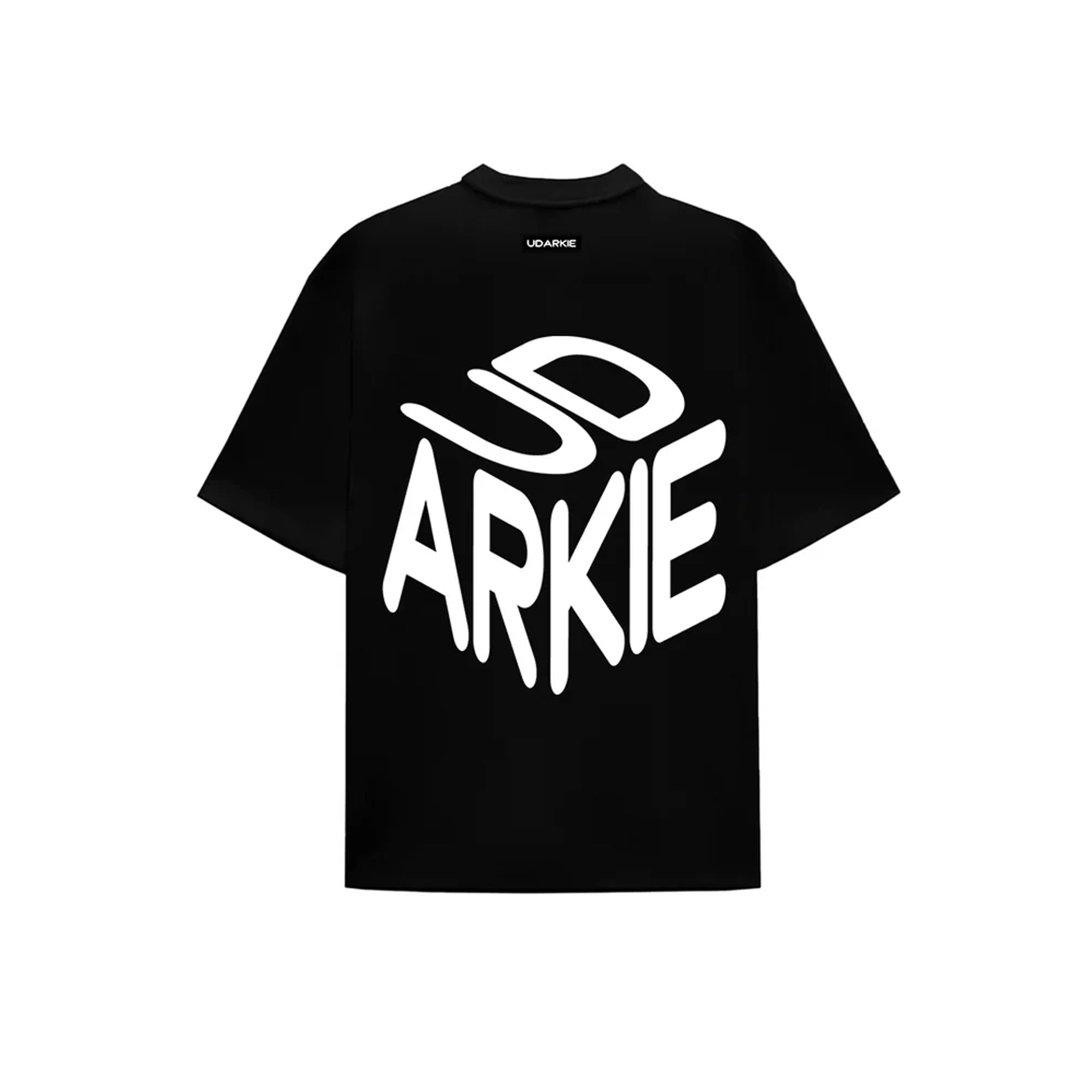 Back view of a black T-shirt with large white stylized text reading "UD ARKIE".