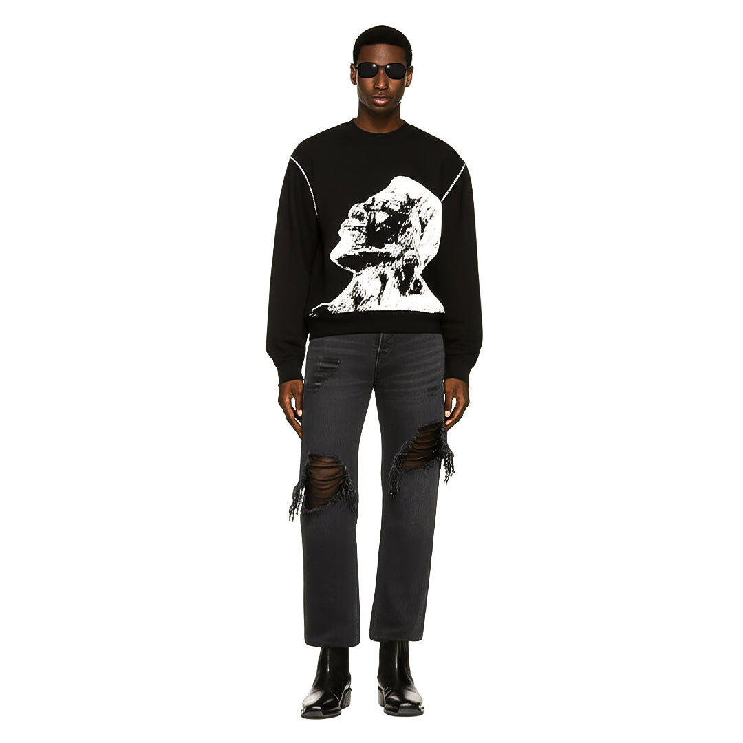 Tebogo black jersey with front white print with grey jeans