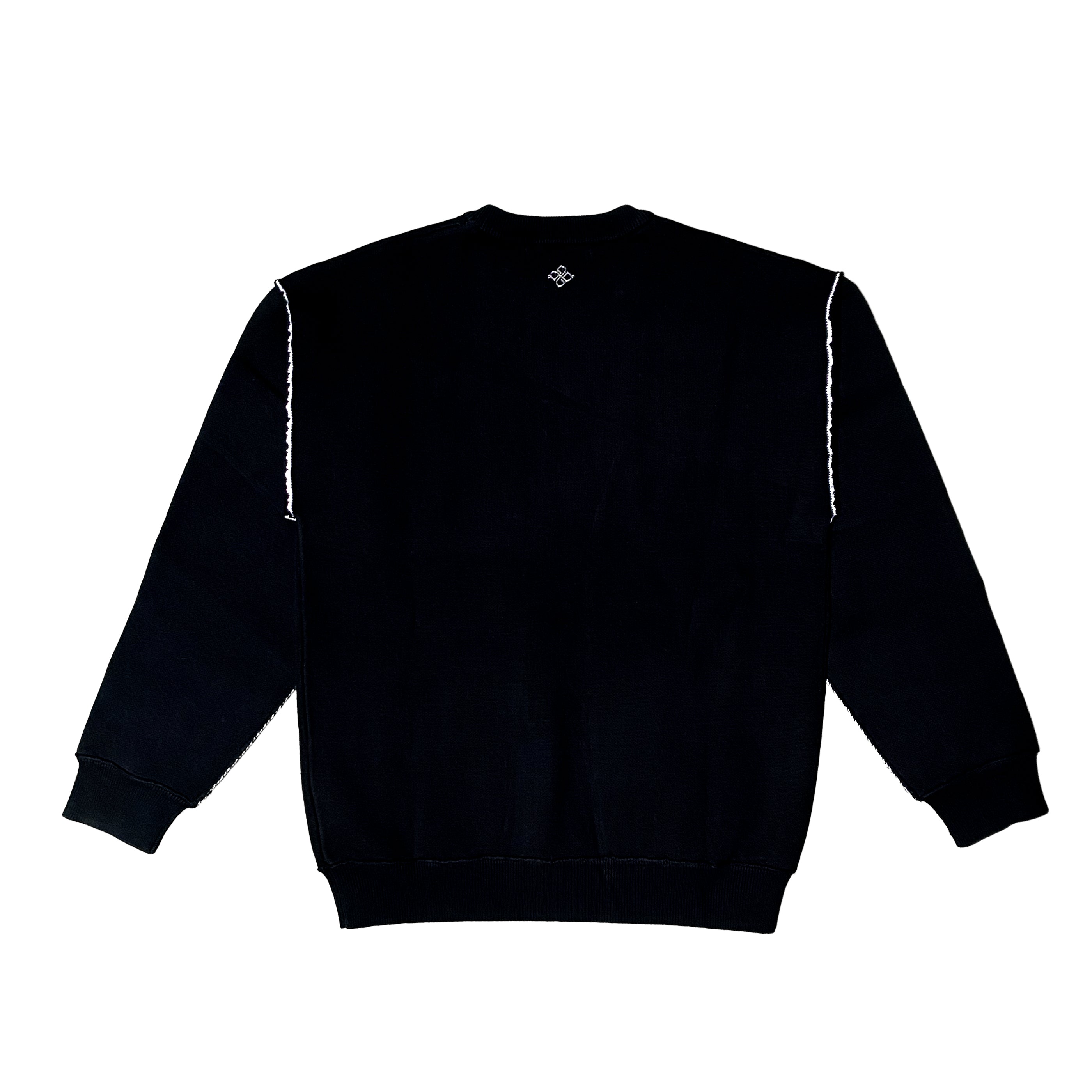 Back view of black long-sleeve sweater with white shoulder stitching and small emblem near neckline