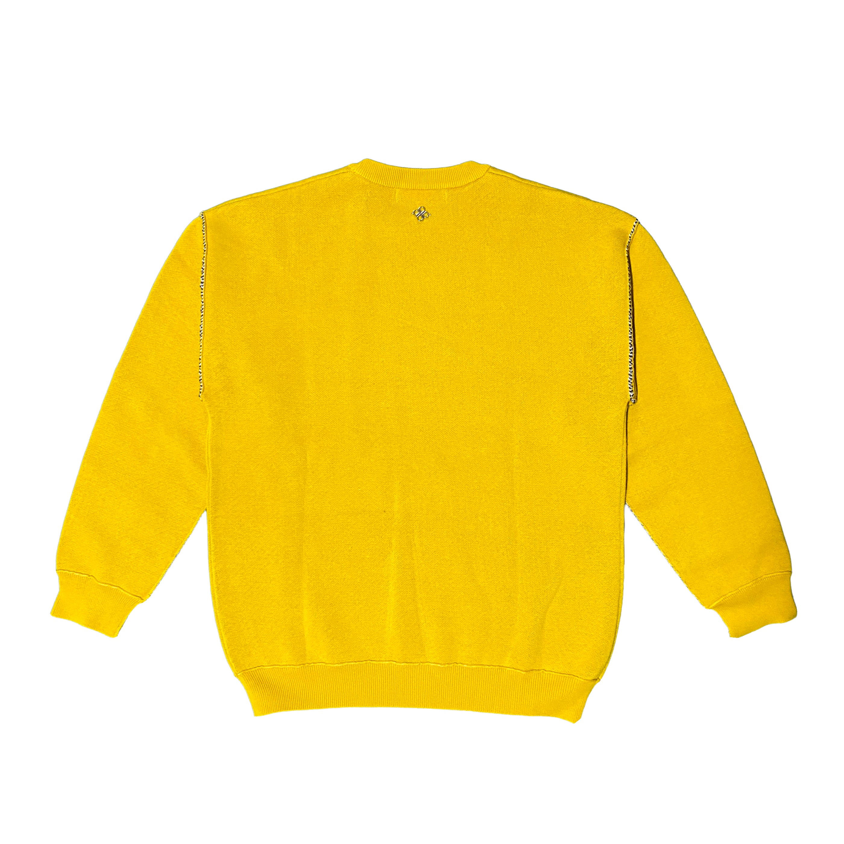 Back view of yellow sweatshirt with small emblem near neckline and ribbed cuffs and hem