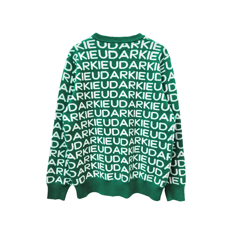 Green sweater with long sleeves and ribbed cuffs, hem, and neckline, featuring a repetitive white text pattern reading "UDARKIE" across the entire garment.