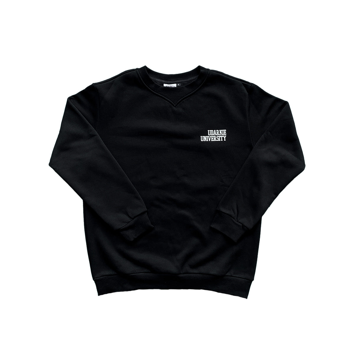Black sweatshirt with white "UDARKIE UNIVERSITY" silicone print on the left chest with long sleeves.