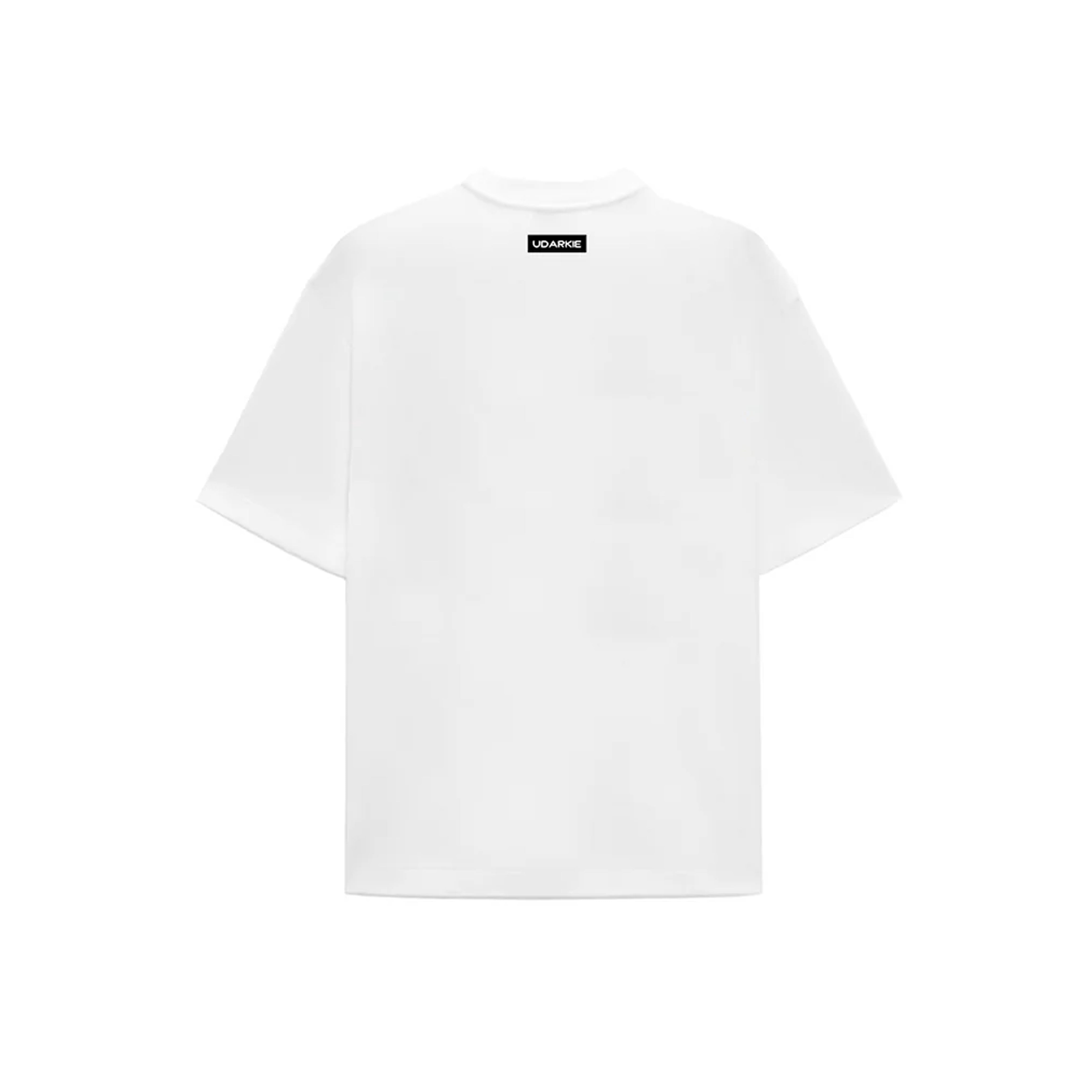 Back view of a UDARKIE white tshirt u are print with short sleeves and crew neck, featuring a small black "UDARKIE" label near the neckline.
