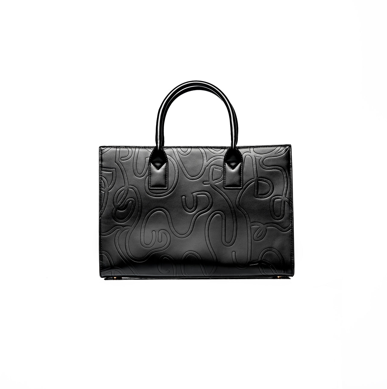 Black tote bag with two handles and a textured surface featuring abstract swirling patterns. Handles are attached with rectangular leather patches. Sleek and modern fashion accessory.