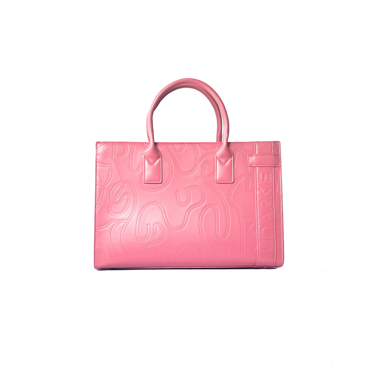 Pink tote bag with two handles, featuring an embossed swirl pattern and a vertical strip with the text "UDARKIE" on the right side. Sleek and stylish design.