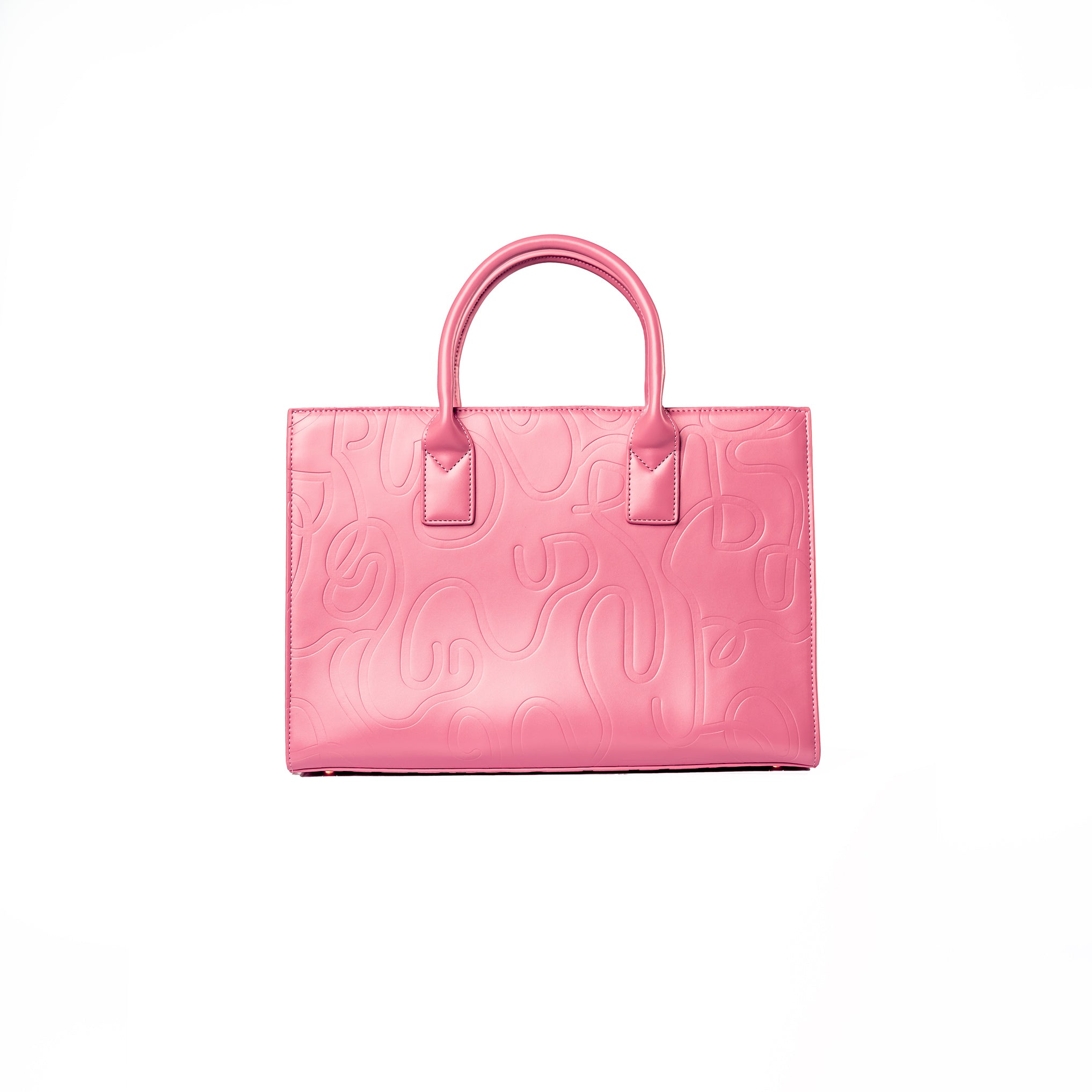 Pink tote bag with two handles and a textured surface featuring abstract swirling patterns. Handles are attached with rectangular leather patches. Sleek and modern fashion accessory.