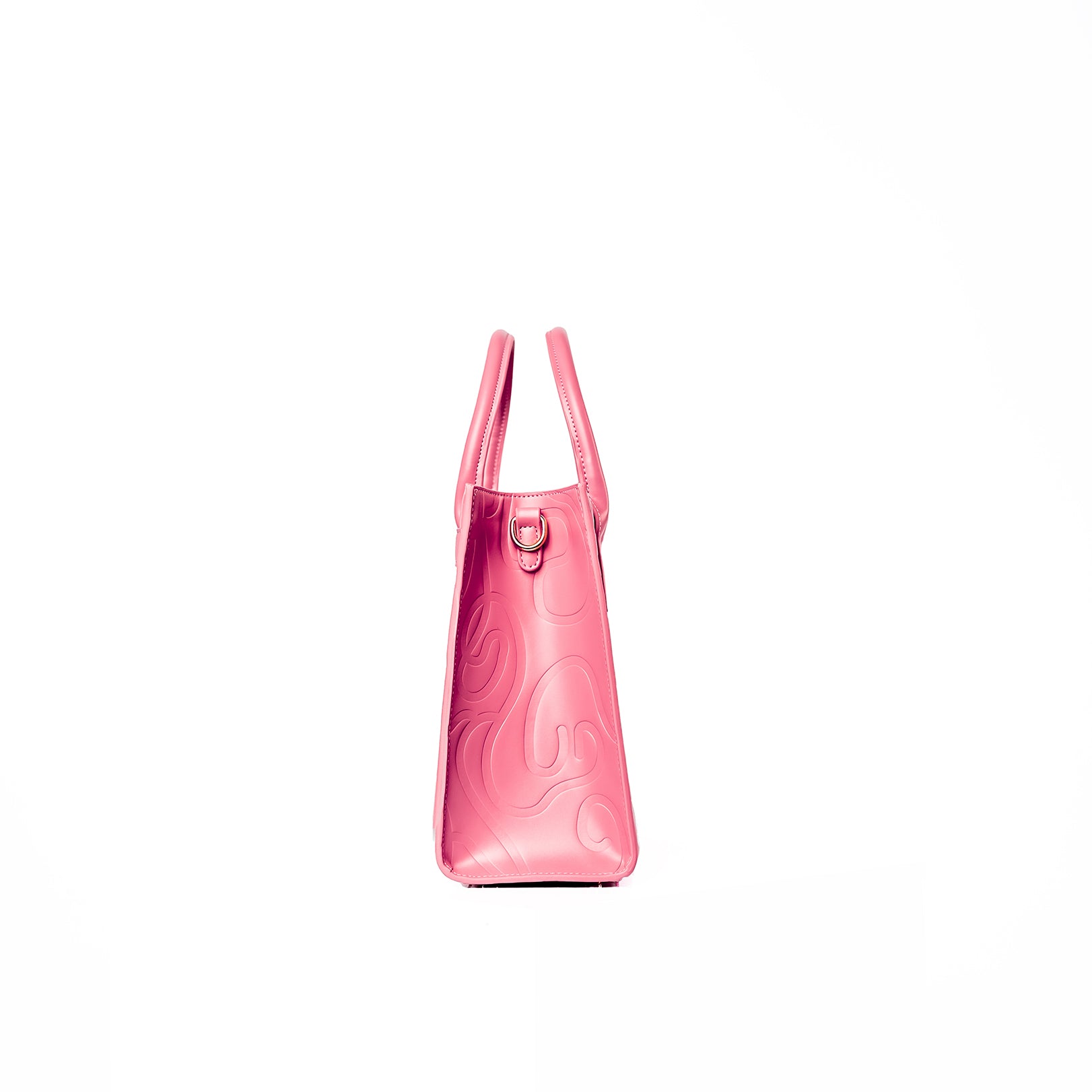 Pink tote bag with two handles and embossed swirling patterns on a sleek surface, made of leather or similar material. Stylish and sophisticated fashion accessory.