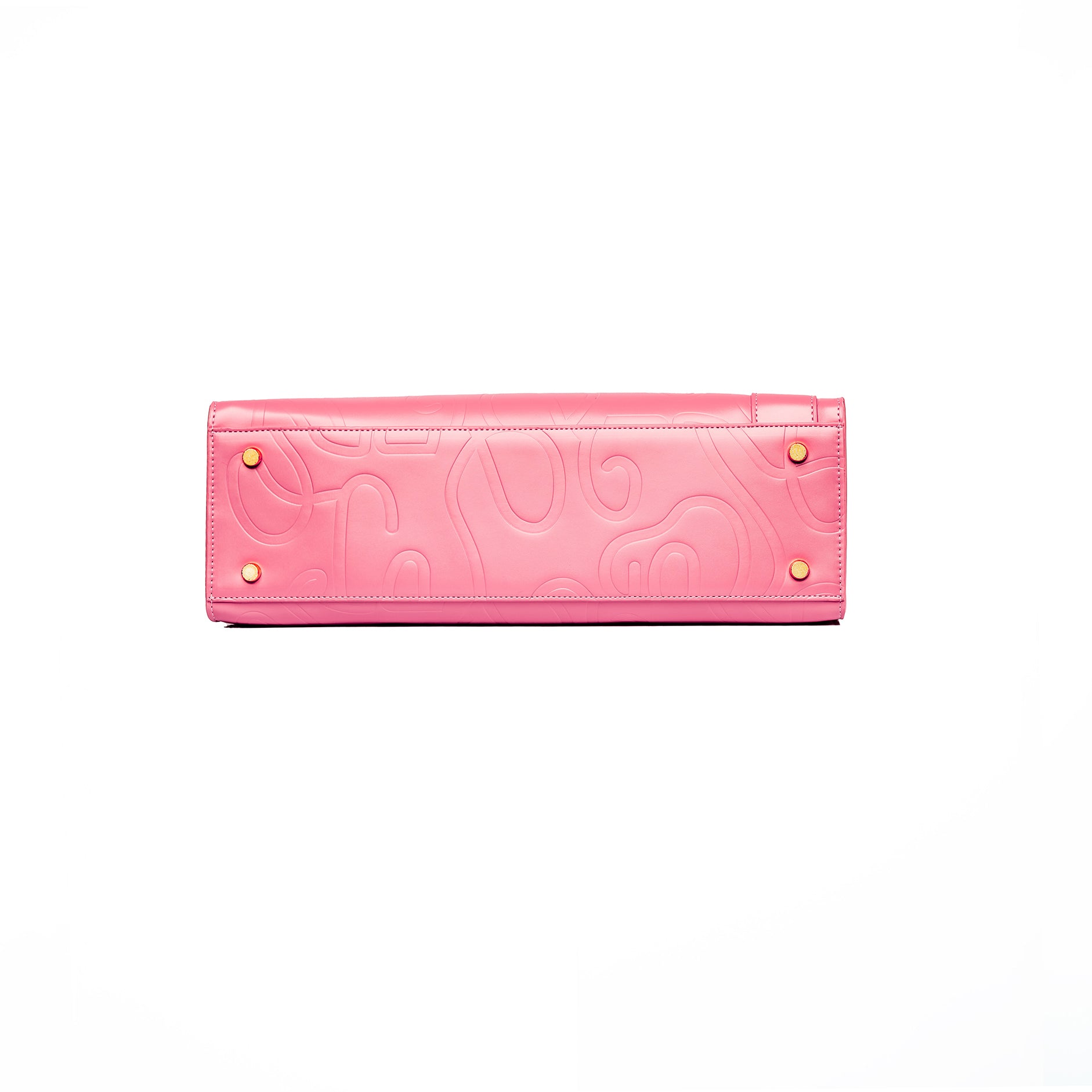 Bottom view of a Pink UDARKIE handbag with embossed abstract patterns and four metal studs at the corners. Rectangular shape with visible stitching for durability and style.