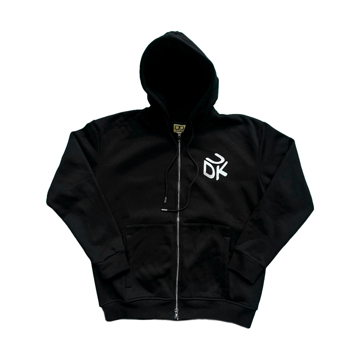 Front view of black zip-up hoodie with white "UDK" logo on the left chest, front pockets, and drawstring hood