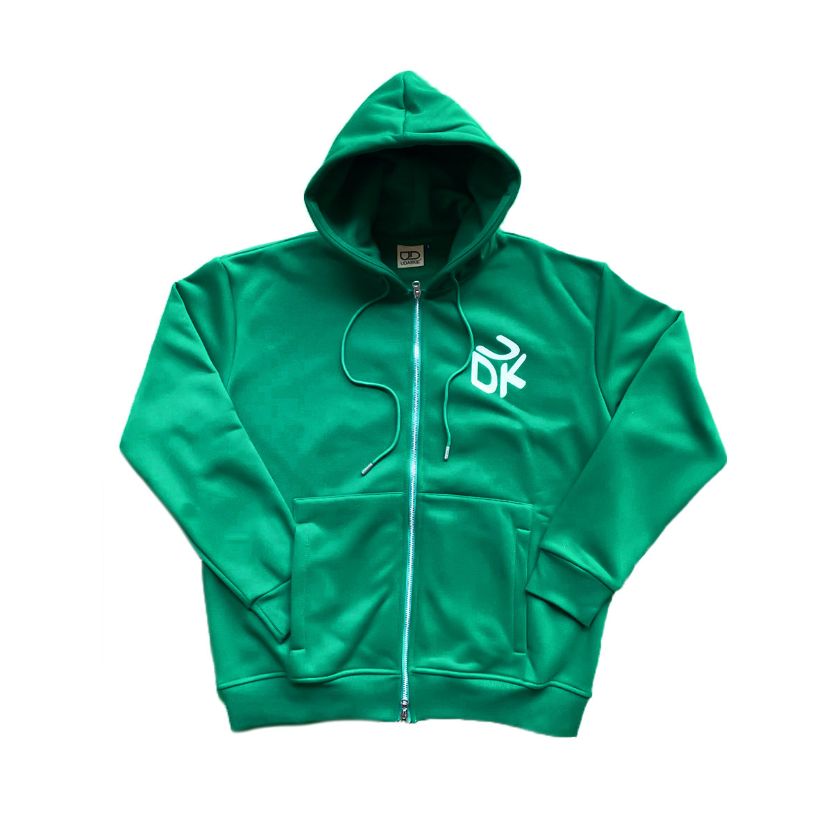 Front view of green zip-up hoodie with white "UDK" logo on the left chest, drawstrings, and two front pockets