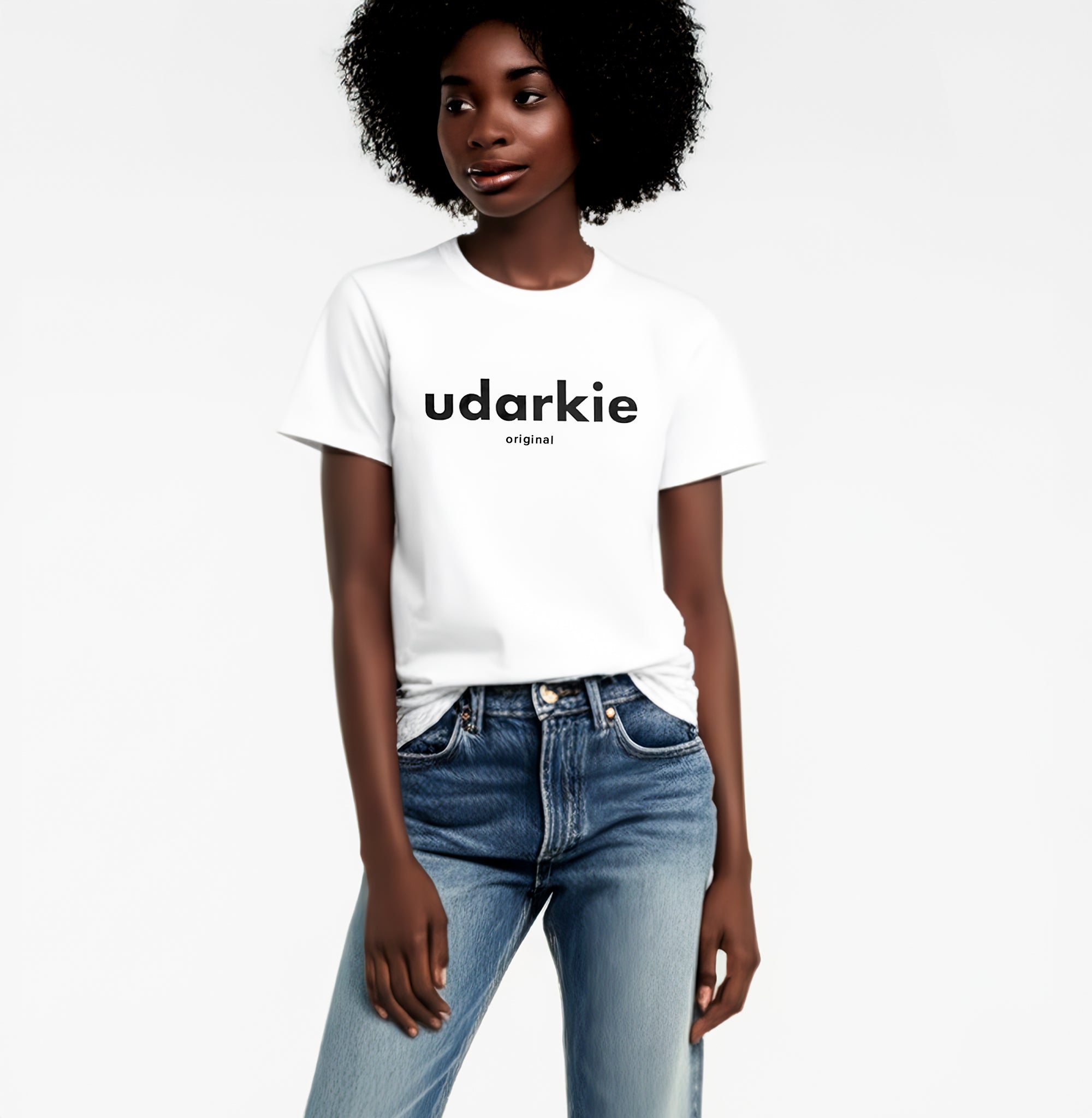 White T-shirt featuring large white "udarkie" text across the chest with smaller "original" text underneath.