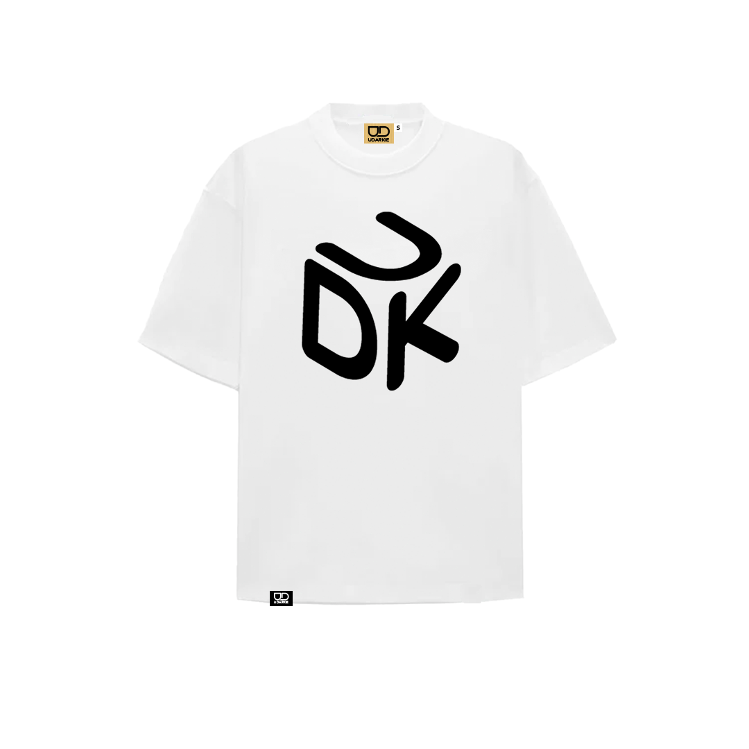 White T-shirt with short sleeves and round neckline, featuring a white stylized "UDK" box logo on the front.