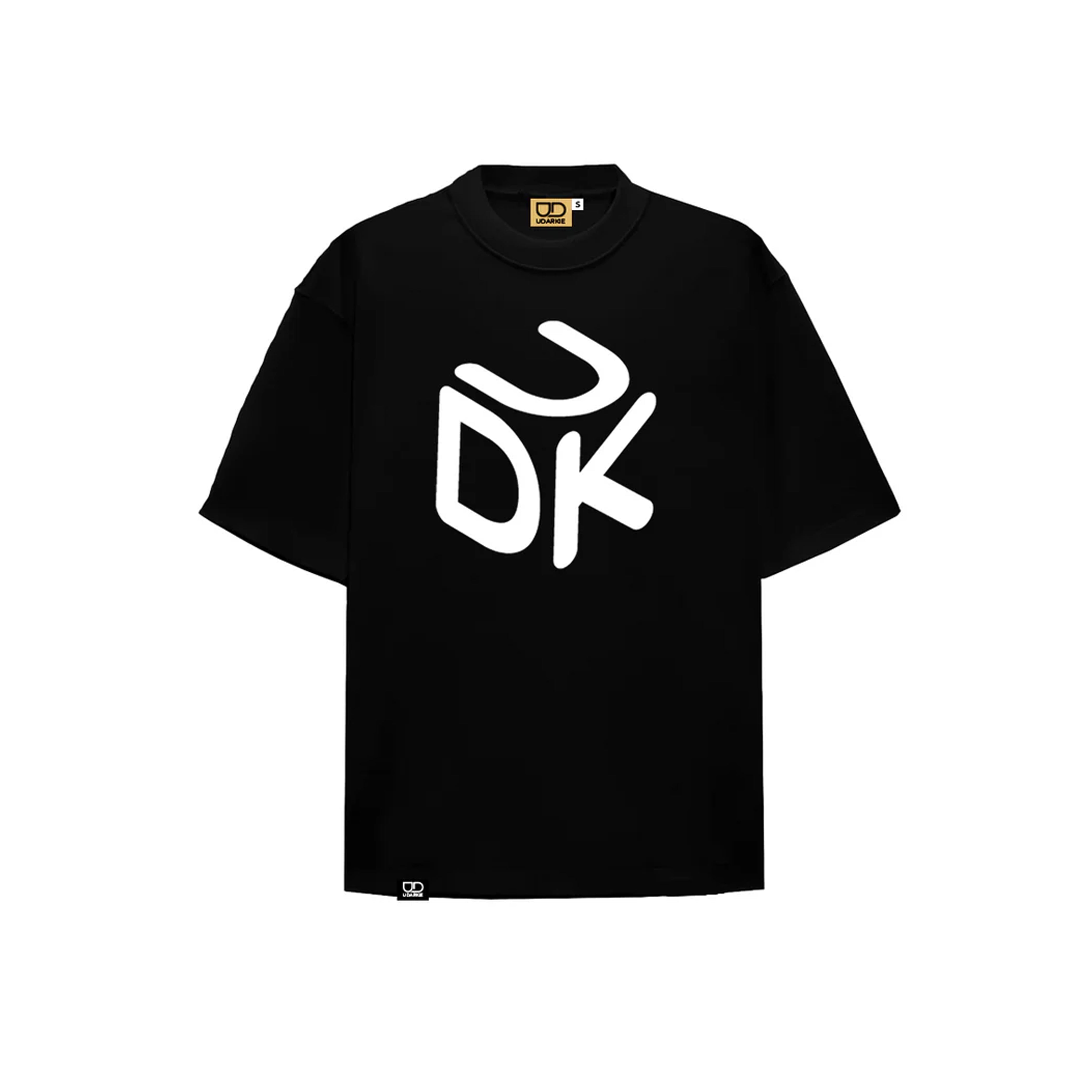 Black T-shirt with short sleeves and round neckline, featuring a white stylized "UDK" box logo on the front. 