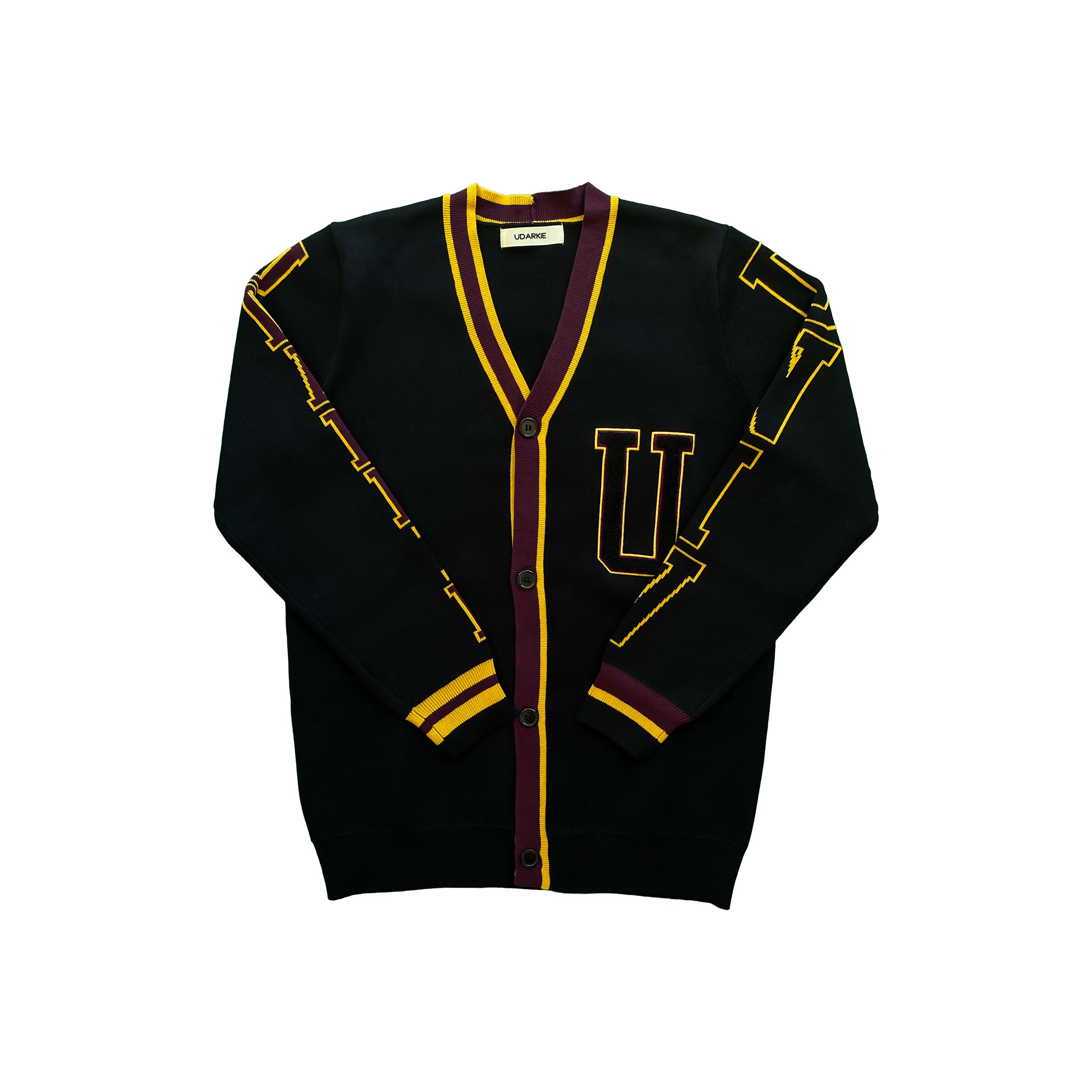 Black varsity-style cardigan with yellow and maroon accents, featuring a large letter "U" on the chest and "UDARKIE" on the right sleeve and "UNIV" on the left sleeve.