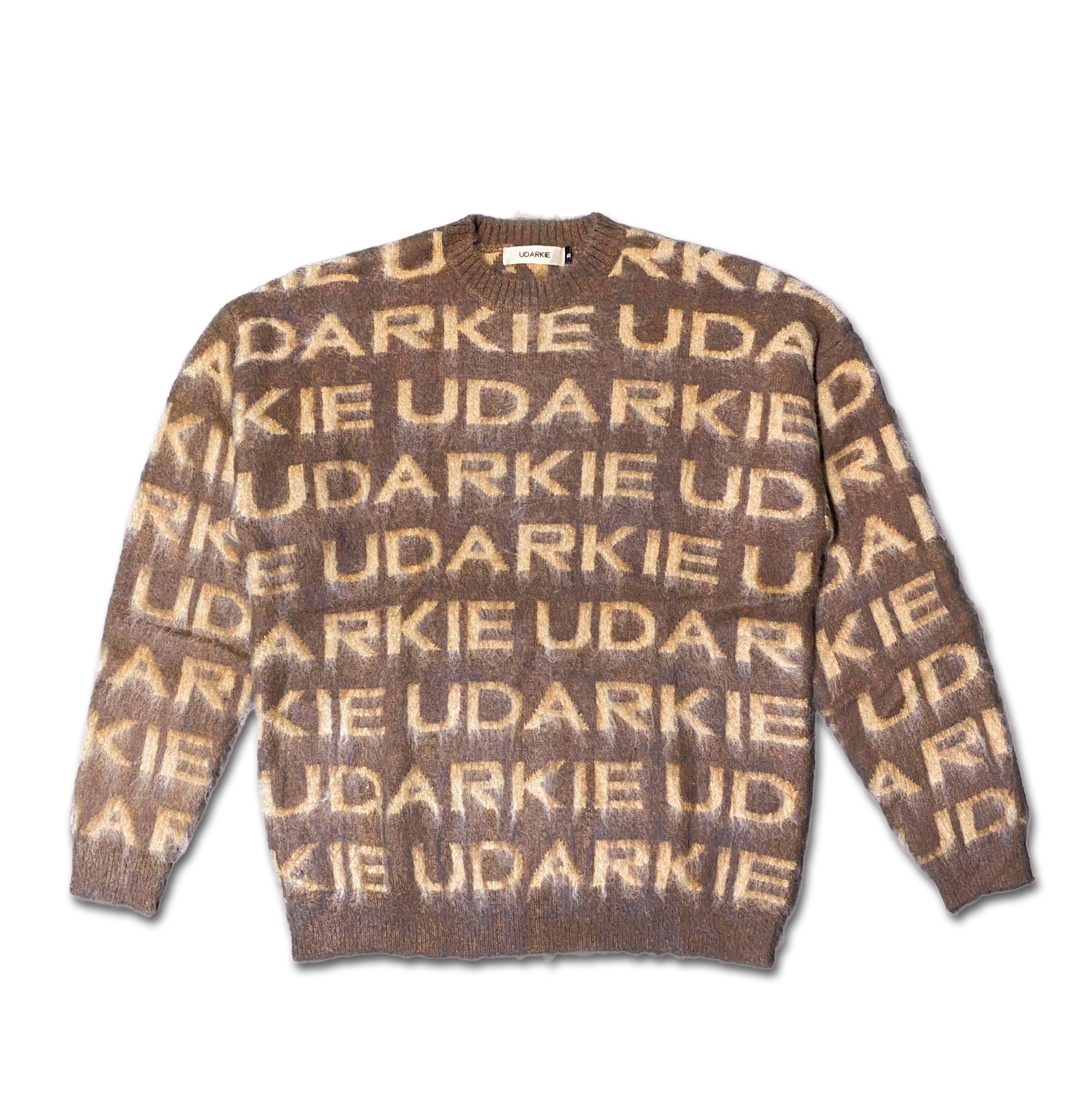 Brown mohair sweater with bold brown UDARKIE logo pattern print