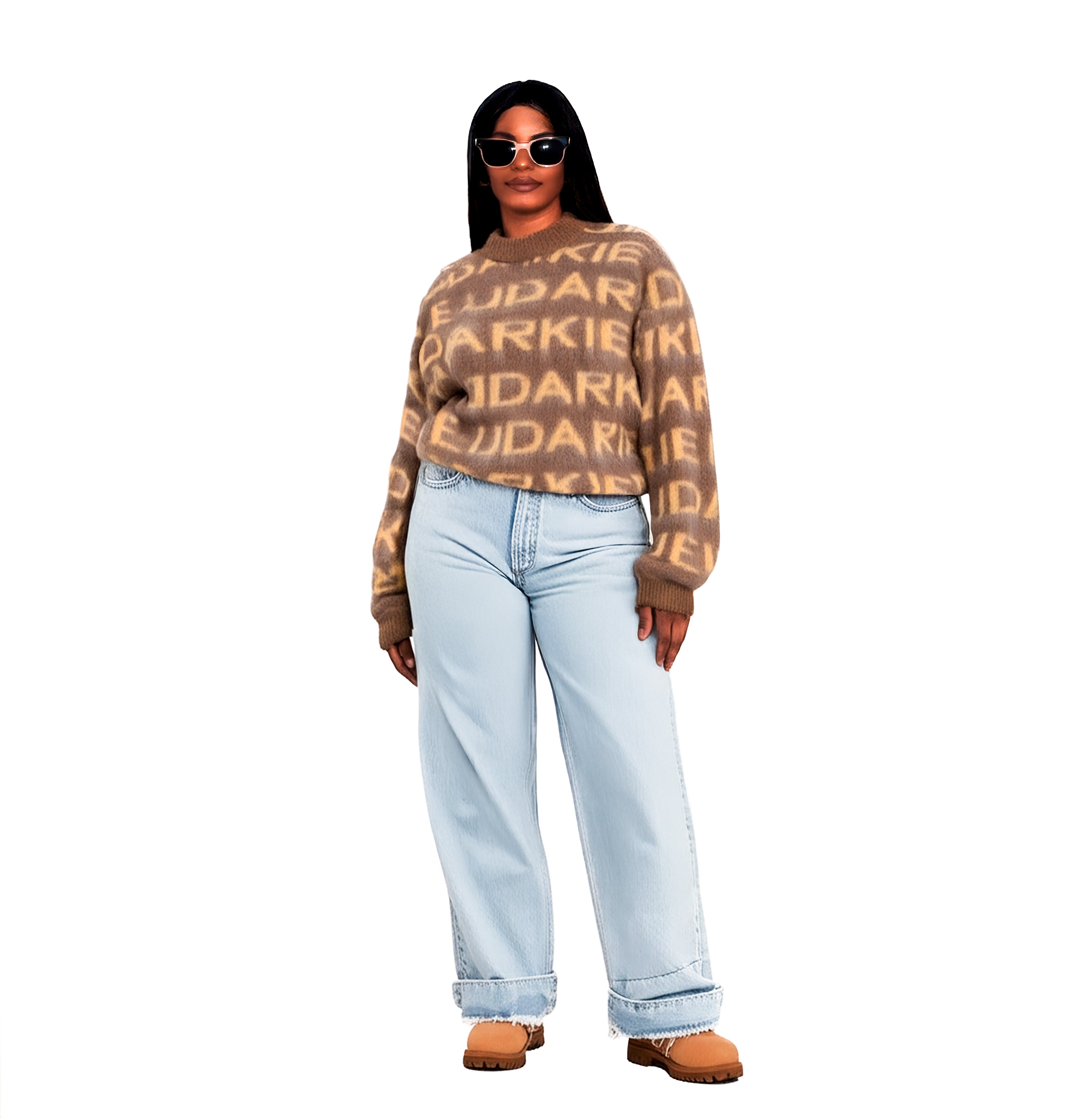 Women wearing Brown mohair sweater with bold brown UDARKIE logo prints and blue jeans.
