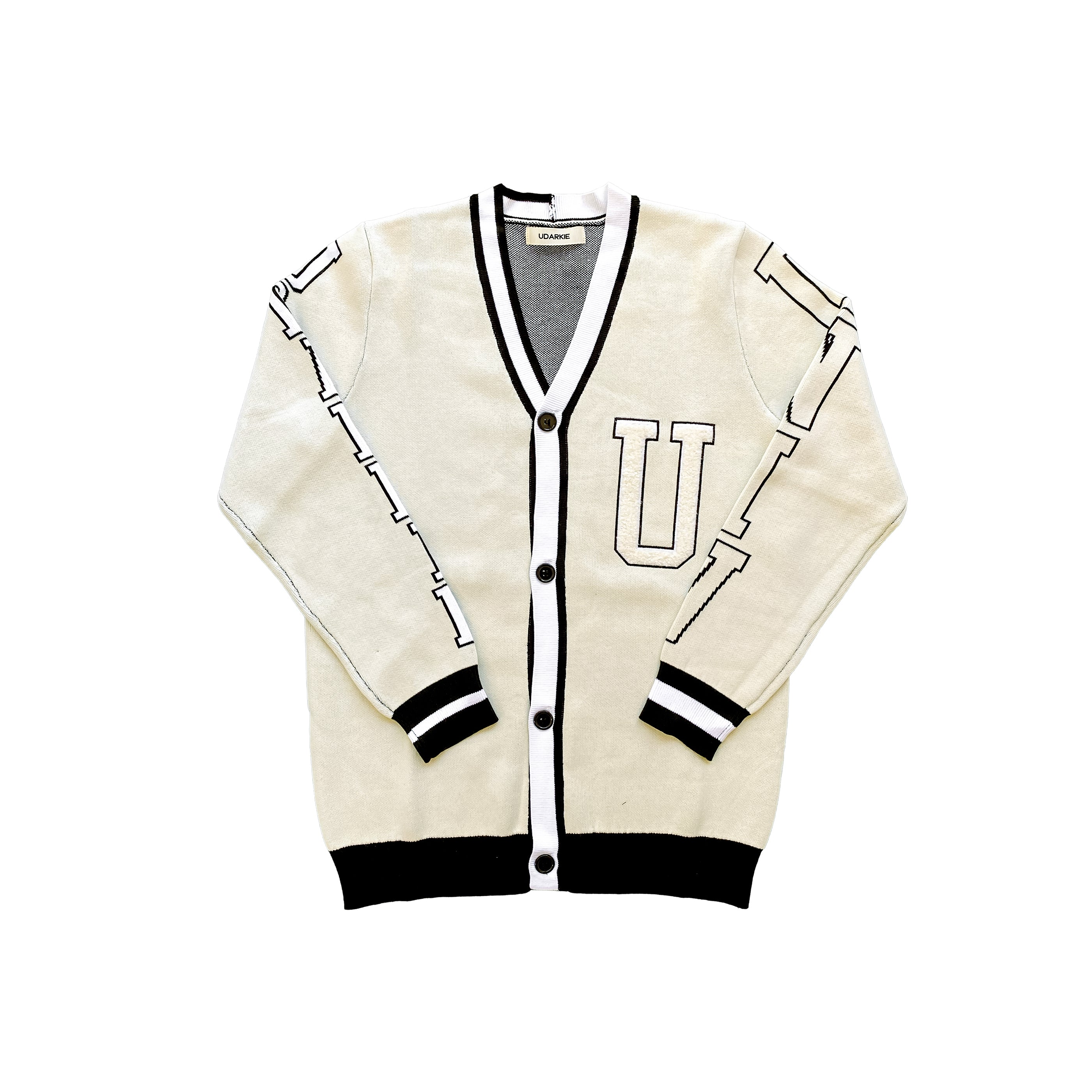 Cream White varsity-style cardigan with black trim and buttons, featuring a large letter "U" on the chest and "UNIV" text on the left sleeve and "UDARKIE" on the right sleeve.