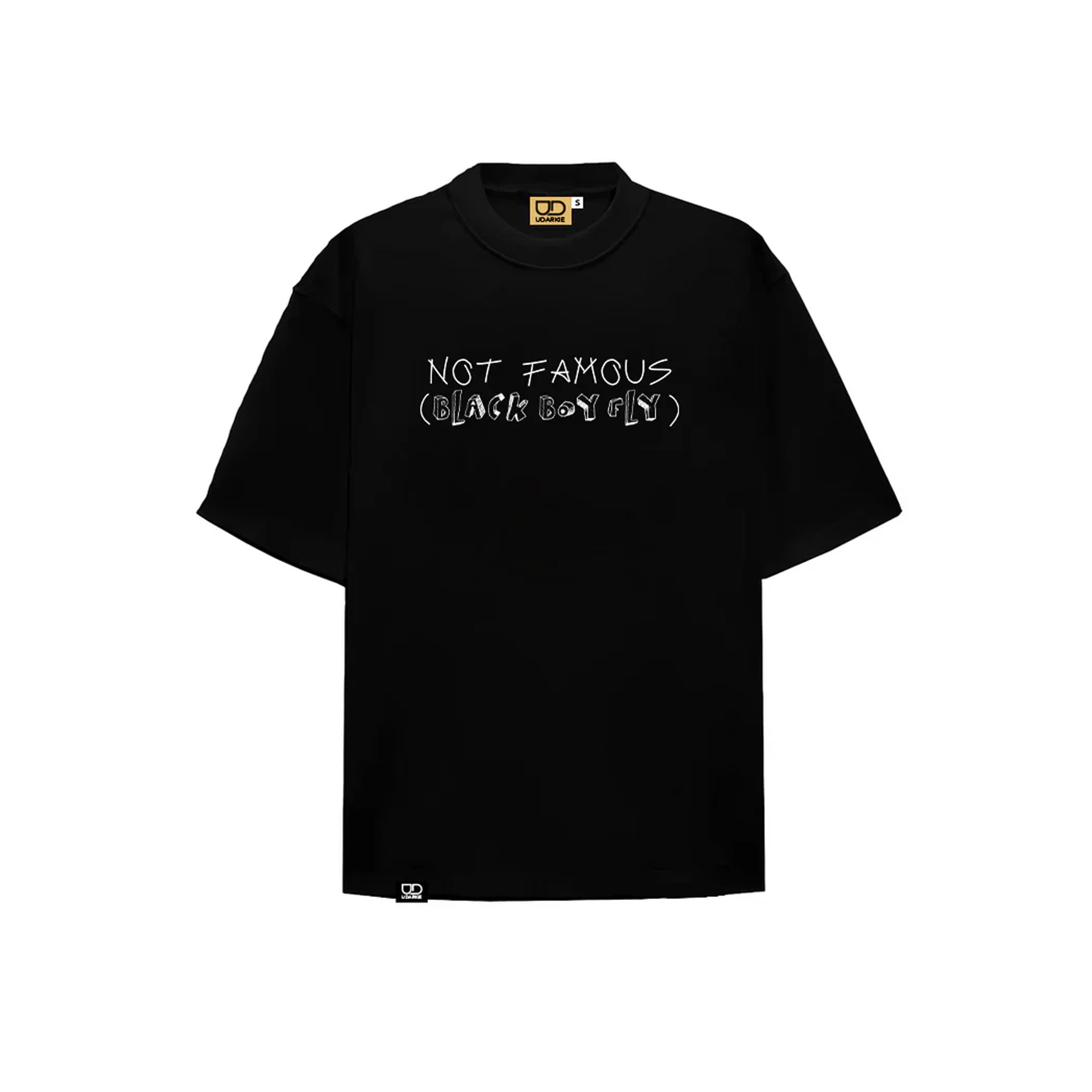 Front view of Kane Keid black t-shirt with white embroided text reading "NOT FAMOUS (BLACK BOY FLY)", featuring round neck and short sleeves