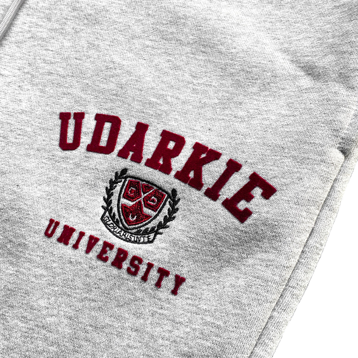 Gray sweatpant with maroon "UDARKIE UNIVERSITY" embroidery logo.