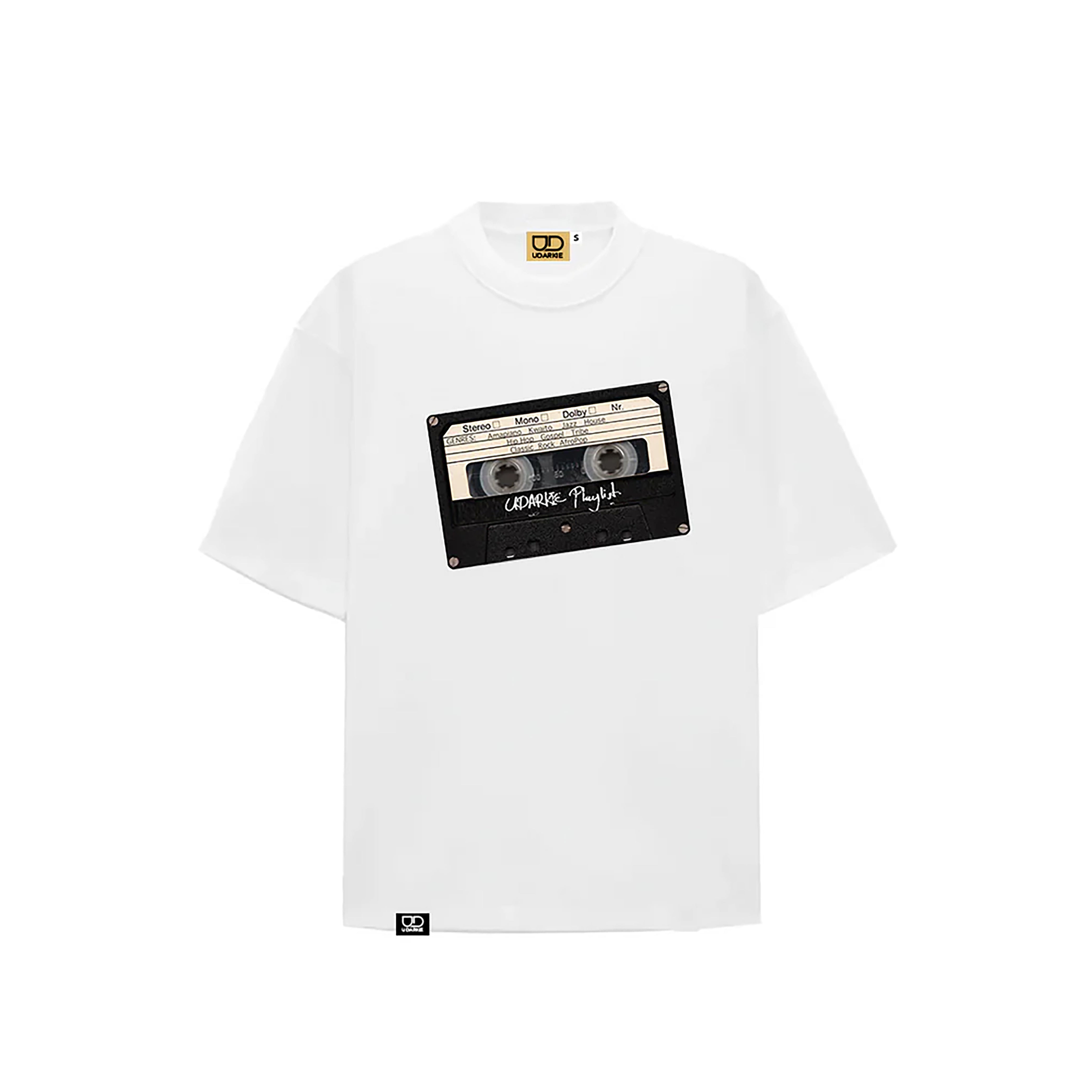 White T-shirt with a front graphic of a vintage cassette tape.